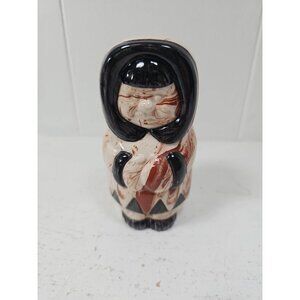 Vintage Alaska Native Clay Pottery Ceramic Brown Swirl Eskimo Figure Signed 70s